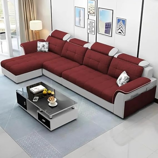 Ripple FURNITURE Luxury L Shape LHS Sofa For Living Room In Premium Fabric (Maroon Grey)