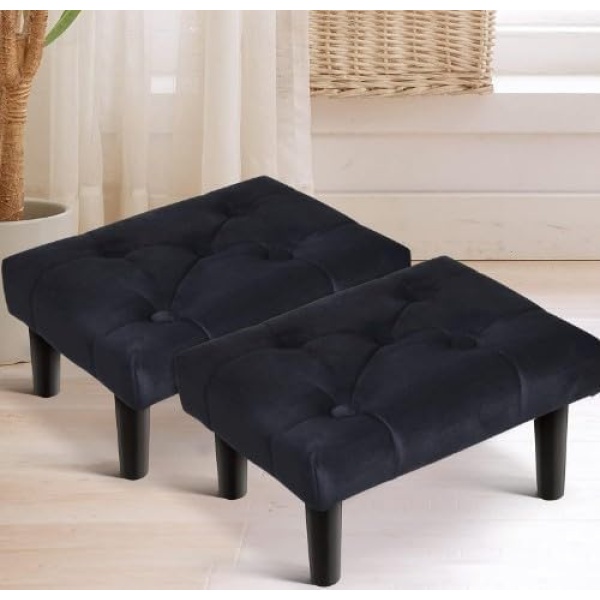Ripple FURNITURE Small Footstool Ottoman,Velvet Soft Footrest Ottoman with Wood Legs,Sofa Footrest Extra Seating for Living Room Entryway Office (Black)