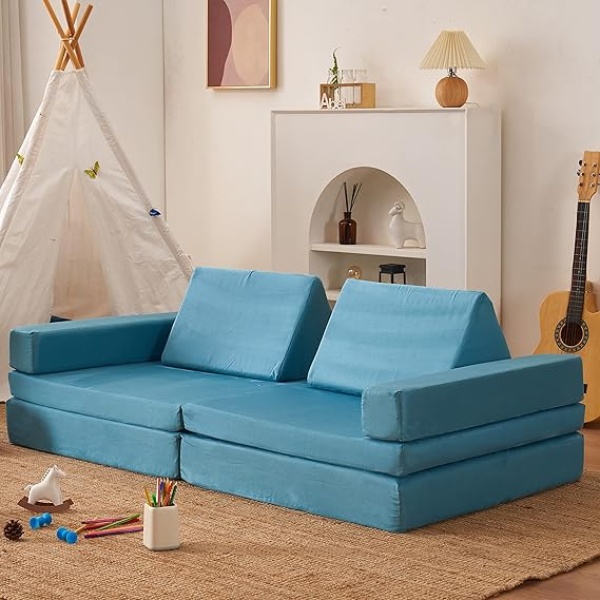 Ripple FURNITURE Couch 8PCS Large Size, Floor Sofa Modular Funiture for Kids Adults, Playhouse Play Set for Toddlers Babies, Modular Foam Play Couch Indoor Outdoor (33"x66"x21.85", lightblue)