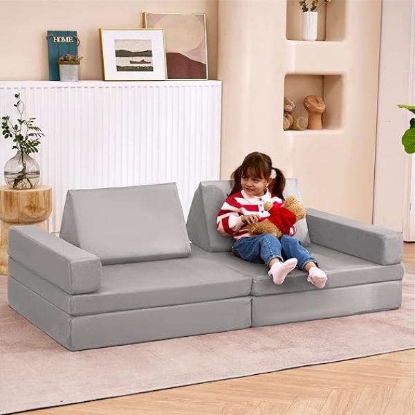 Ripple FURNITURE  Couch 8PCS, Floor Sofa Modular Funiture for Kids Adults, Playhouse Play Set for Toddlers Babies, Modular Foam Play Couch Indoor Outdoor (33"x66"x21.85", lightgrey)