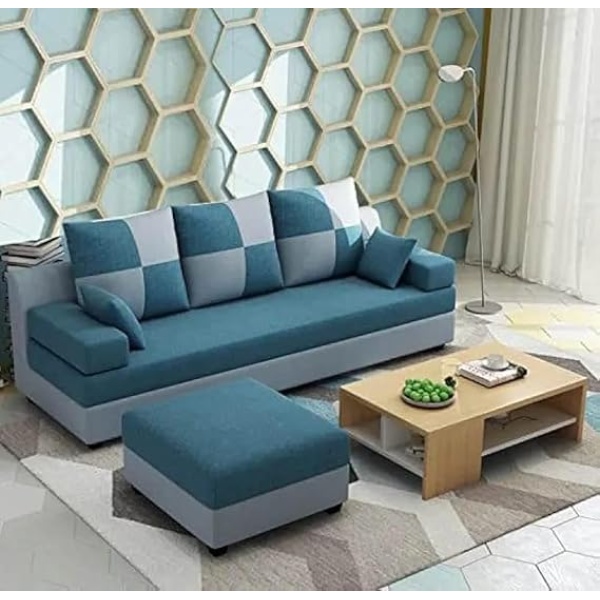 Ripple FURNITURE 3 Seater Sofa With Ottoman For Living Room (Dark Blue Grey Fabric)