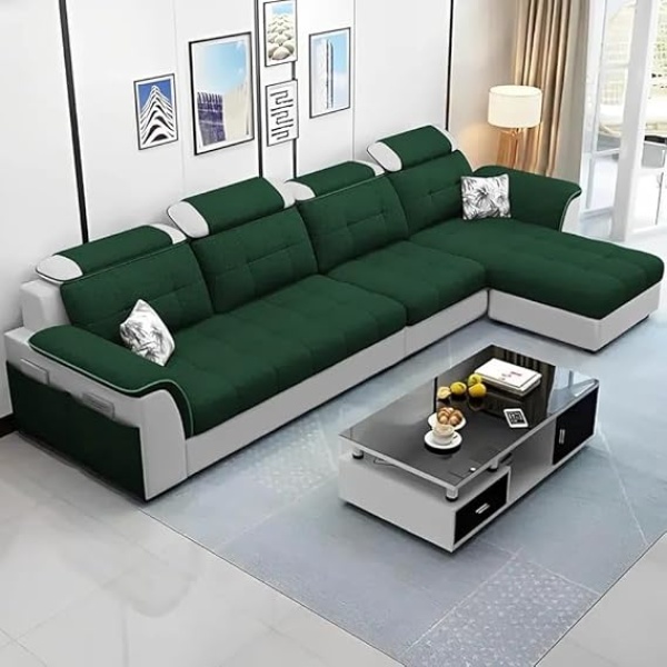 Ripple FURNITURE Luxury RHS L Shape Sofa Set For Living Room in Premium Fabric (Green Grey)