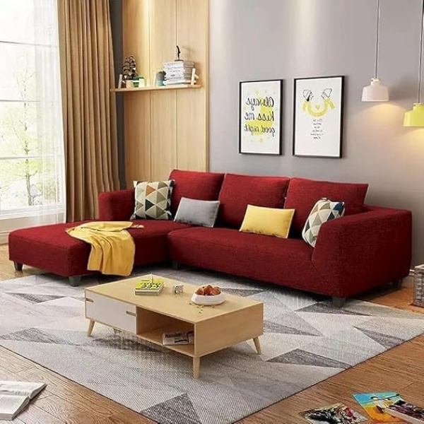 Ripple FURNITURE 6 Seater L Shape Sofa Set For Living Room (Maroon Fabric)