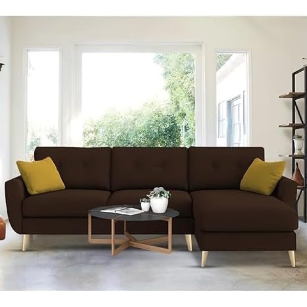 Ripple FURNITURE "Royal Azure Elegance 4 Seater L-Shaped Living Room Sofa in Plush Velvet Fabric" (RHS, Brown Fabric)