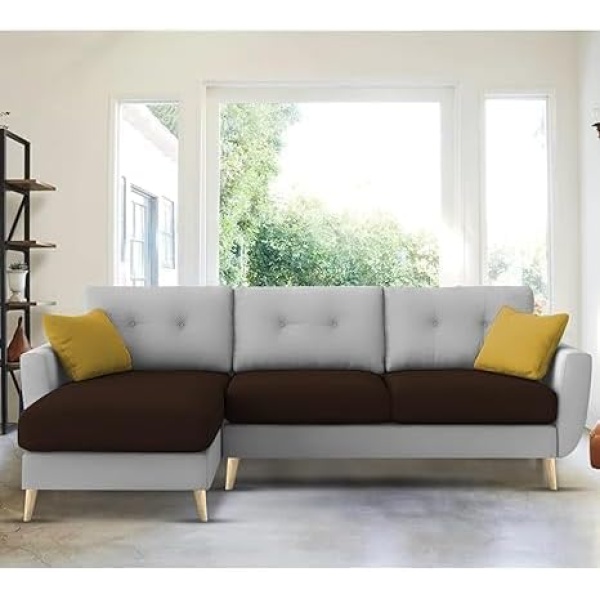 Ripple FURNITURE Royal Azure Elegance 4 Seater L-Shaped Living Room Sofa in Plush Velvet Fabric" (LHS, Brown Grey Fabric)