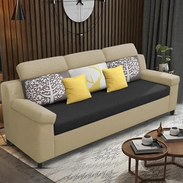 Ripple FURNITURE Luxury 3 Seater Sofa For Living Room In Premium Fabric (Cream Black)