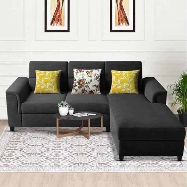 Ripple FURNITURE Elegant 4 Seater L Shape Sofa Set for Living Room (Black)