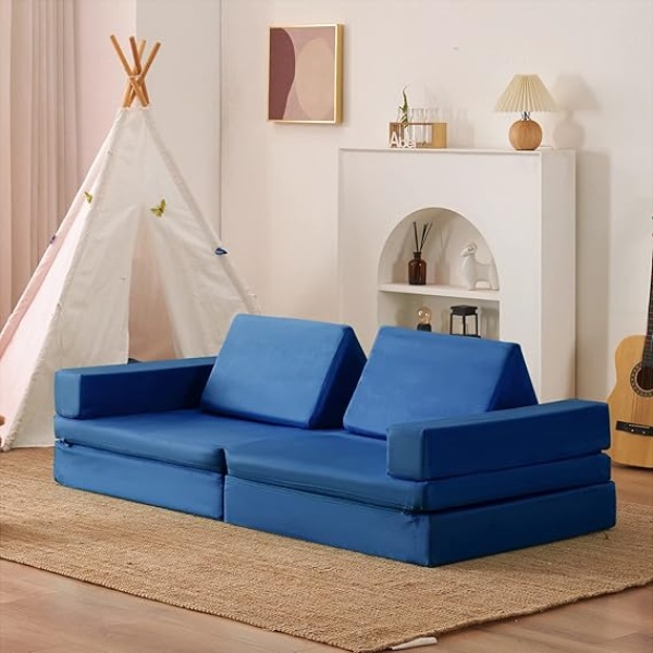 Ripple FURNITURE  Couch Extended Size 8PCS for Family, Floor Sofa Couch Modular Funiture for Kids Adults, Playhouse Play Set for Toddlers Babies, Modular Foam Play Couch Indoor 66" x 33" x 22" Navyblue