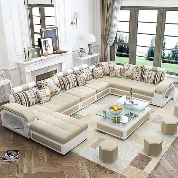 Ripple FURNITURE U Shape 9 Seater Modern Interchangeable Fabric Sofa Set with 4 Puffy (Left, Beige & White)