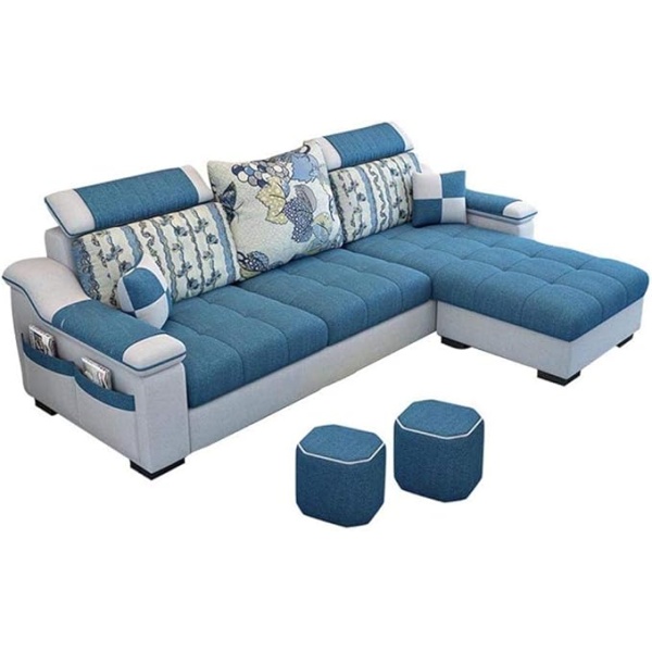 Ripple FURNITURE L Shape sofa 3 Seat Linen Living Room Sofa Set Home Furniture Modern Design Frame Soft Sponge Shape Home Furniture(Foot ped + 2 cloth stool),D