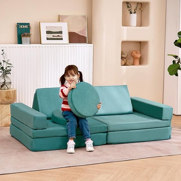Ripple FURNITURE Couch 10PCS, Floor Couch Floor Sofa Modular Furniture for Kids and Adults, Playhouse Play Set for Toddlers Babies, Modular Foam Play Couch, Modular Sectional Sofa (Light Blue)