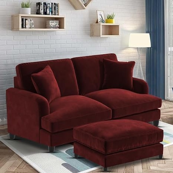 Ripple FURNITURE Sedona 2 Seater Velvet Sofa Set with Ottoman (Maroon)