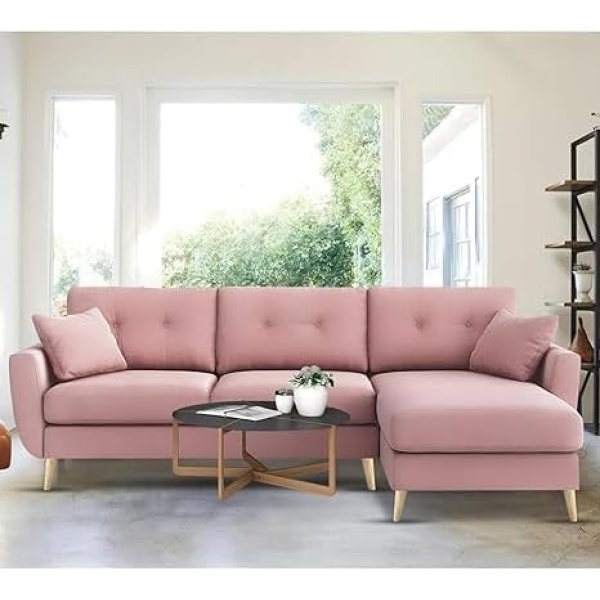 Ripple FURNITURE "Royal Azure Elegance 4 Seater L-Shaped Living Room Sofa in Plush Velvet Fabric" (RHS, Pink Fabric)
