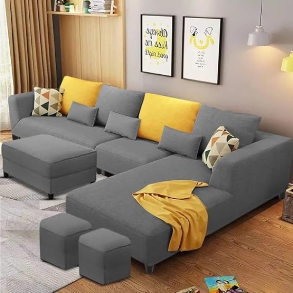 Ripple FURNITURE 8 Seater L Shape Sofa Set With 2 Puffy For Living Room (Dark Grey Fabric)