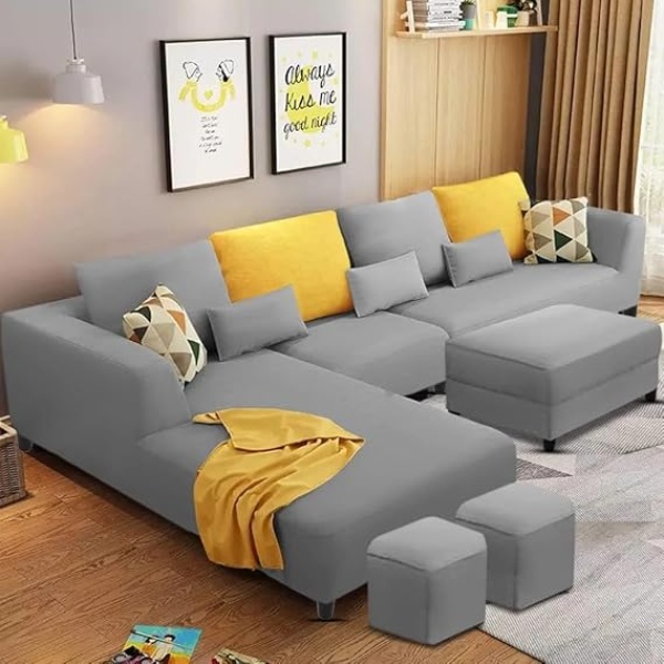 Ripple FURNITURE 8 Seater L Shape Sofa Set With 2 Puffy For Living Room (Grey)