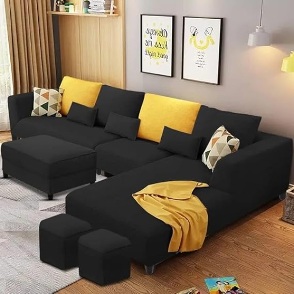 Ripple FURNITURE 8 Seater L Shape Sofa Set For Living Room With 2 Puffy (Black Fabric)
