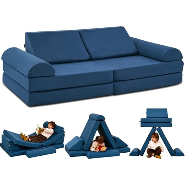 Ripple FURNITURE  Couch Medium 8PCS, Floor Sofa Modular Funiture for Kids Adults, Playhouse Play Set for Toddlers Babies, Modular Foam Play Couch Indoor Outdoor (57"x28"x18", Navy Blue)