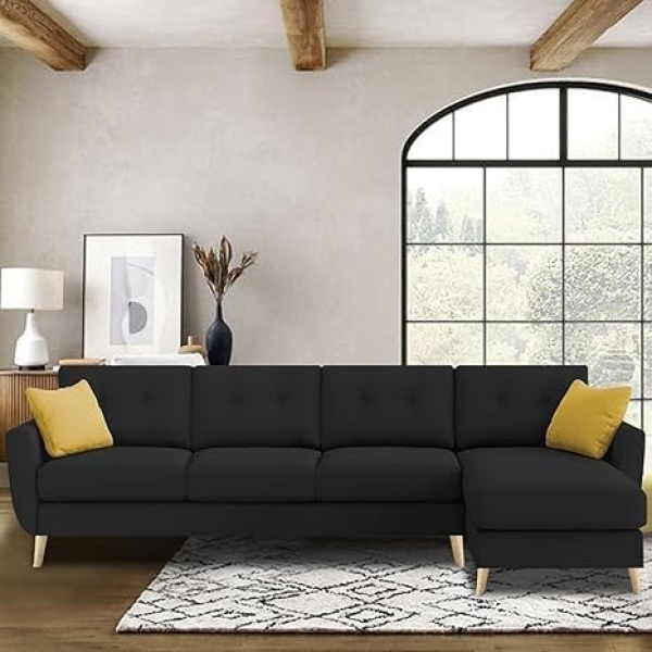 Ripple FURNITURE "VerdeLux L-Shaped (RHS) Sofa Set - 6 Seater with Premium Velvet Upholstery" (Black Fabric)