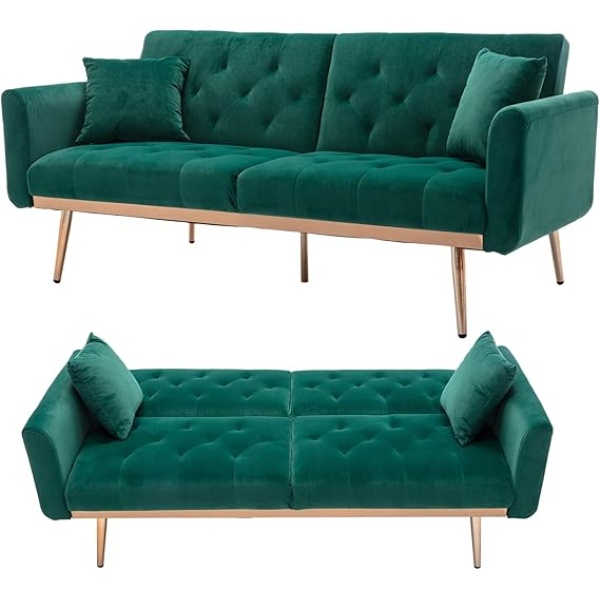 Ripple FURNITURE Velvet Sofa Convertible Sleeper Sofa,Modern Tufted Sofa Bed with 2 Throw Pillow & Gold Plating Base 5 Leg, Adjustable Folding Accent Sofa Couch for Living Room