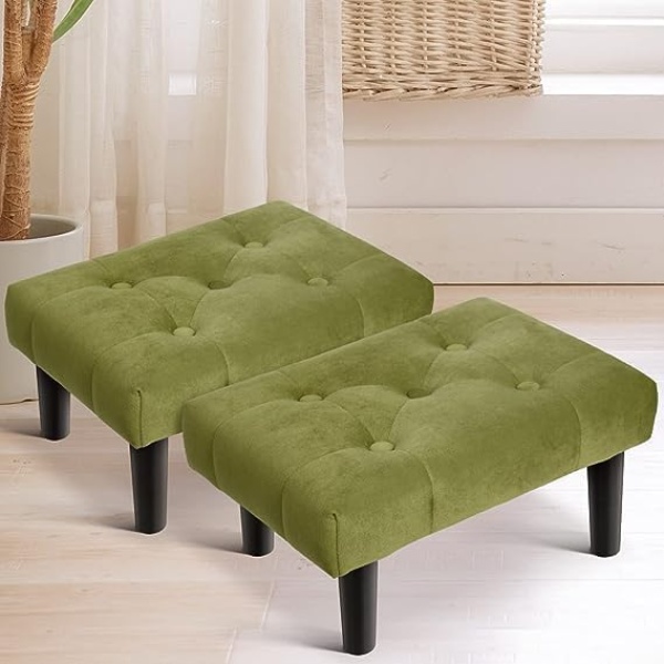 Ripple FURNITURE Small Footstool Ottoman,Velvet Soft Footrest Ottoman with Wood Legs,Sofa Footrest Extra Seating for Living Room Entryway Office (Green)