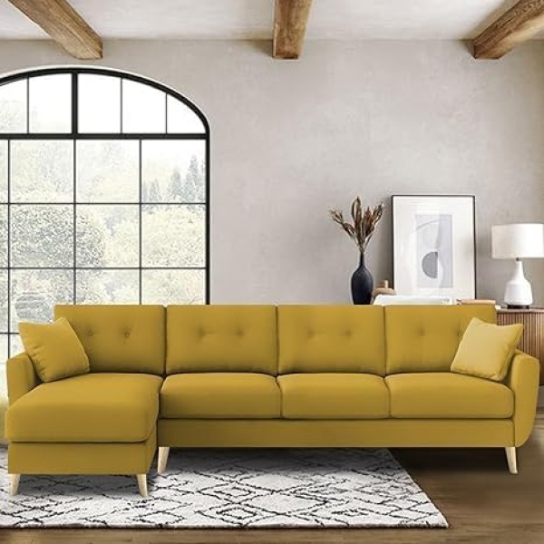 Ripple FURNITURE "VerdeLux L-Shaped Sofa Set - 6 Seater (LHS) with Premium Velvet Upholstery" (Yellow Fabric)