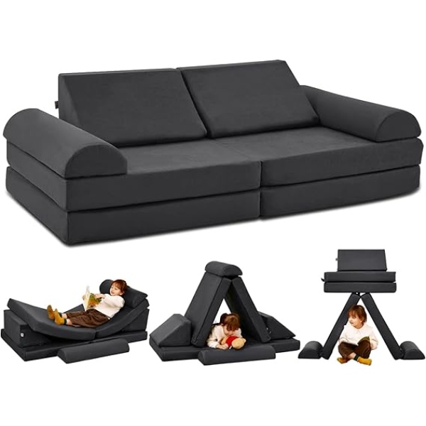 Ripple FURNITURE  Couch Medium 8PCS, Floor Sofa Modular Funiture for Kids Adults, Playhouse Play Set for Toddlers Babies, Modular Foam Play Couch Indoor Outdoor (57"x28"x18", Charcoal