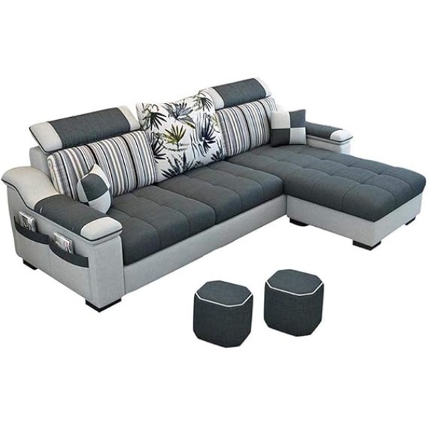 Ripple FURNITURE L Shape sofa 3 Seat Linen Living Room Sofa Set Home Furniture Modern Design Frame Soft Sponge Shape Home Furniture(Foot ped + 2 cloth stool),E