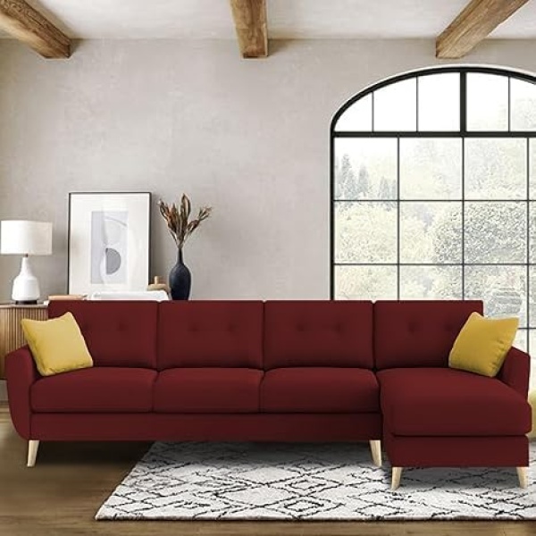 Ripple FURNITURE  "VerdeLux L-Shaped (RHS) Sofa Set - 6 Seater with Premium Velvet Upholstery" (Maroon Fabric)