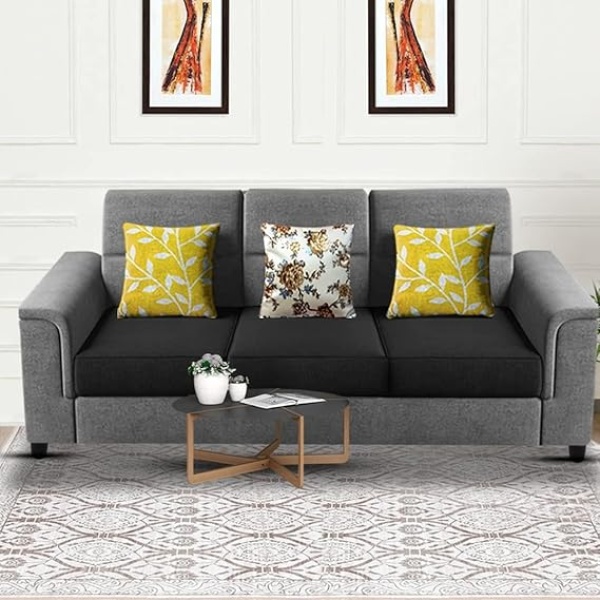 Ripple FURNITURE Elegant 3 Seater Sofa Set for Living Room (Black Grey)
