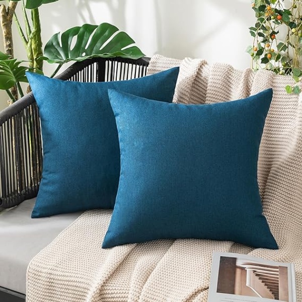 Ripple FURNITURE Pack of 2 Decorative Outdoor Solid Waterproof Throw Pillow Covers Polyester Linen Garden Farmhouse Cushion Cases for Patio Tent Balcony Couch Sofa 16x16 inch Blue