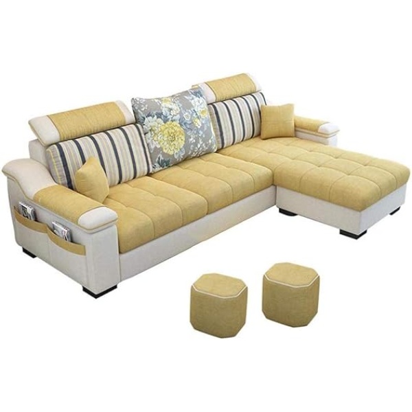 Ripple FURNITURE L Shape sofa 3 Seat Linen Living Room Sofa Set Home Furniture Modern Design Frame Soft Sponge Shape Home Furniture(Foot ped + 2 cloth stool),C