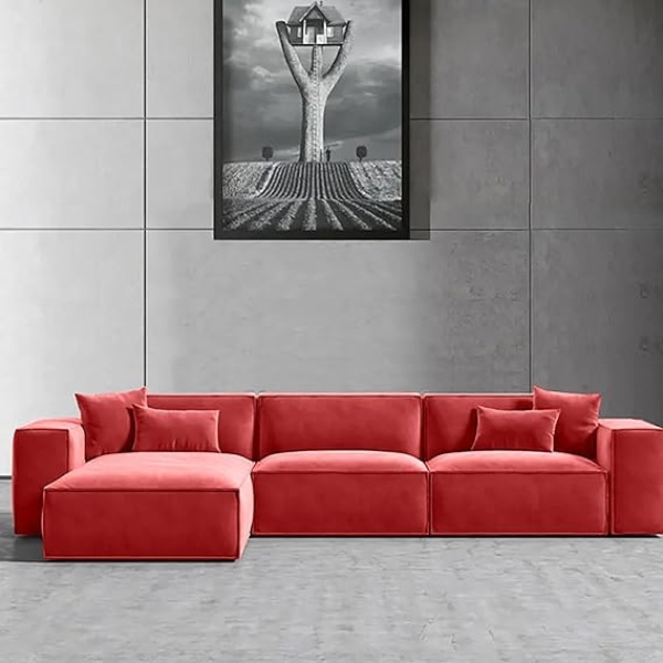 Ripple FURNITURE L-Shape Modern Style Luxury Home Couch (Right, Red)