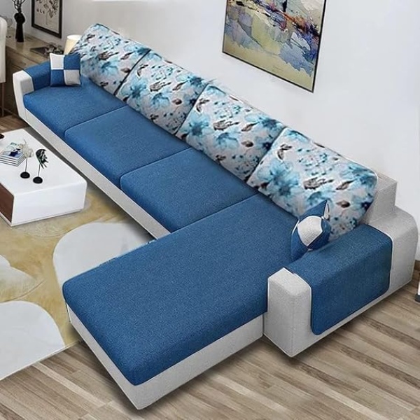 Ripple FURNITURE 6 Seater L Shaped Sofa Set For Living Room (Blue And Grey)