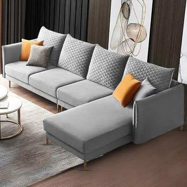 Ripple FURNITURE 6 Seater L Shape Sofa Set for Living Room (Grey Fabric)