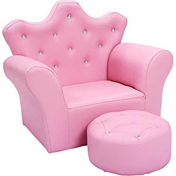 Ripple FURNITURE (Pink/ Sofa With Ottoman) - Kids Sofa, PU Leather Princess Sofa with Embedded Crystal, Upholstered Armchair with Ottoman, Perfect for Girls (Pink/ Sofa with Ottoman)