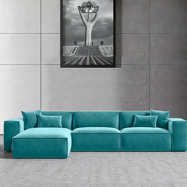 Ripple FURNITURE L-Shape Modern Style Luxury Home Couch (Right, Sky Blue)