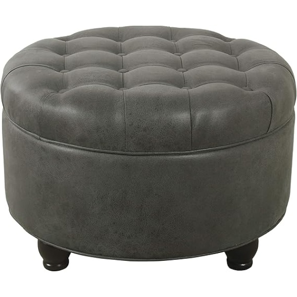Ripple FURNITURE Home Decor | Large Button Tufted Faux Leather Round Storage Ottoman | Ottoman with Storage for Living Room & Bedroom (Gray)