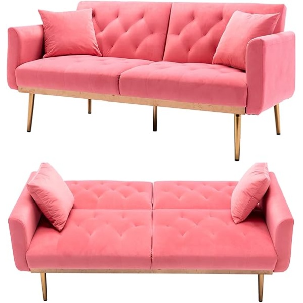 Ripple FURNITURE Velvet Sofa Convertible Sleeper Sofa,Modern Tufted Sofa Bed with 2 Throw Pillow & Gold Plating Base 5 Leg, Adjustable Folding Accent Sofa Couch for Living Room (Peach)