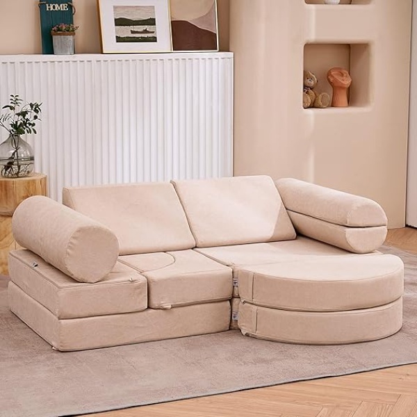 Ripple FURNITURE  Couch 14PCS Luxury, Floor Furniture for Adults, Playhouse Play Set for Toddlers Babies, Foam Modular Sectional Sofa (Sand Beige, 57"x28"x18")