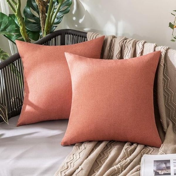 Ripple FURNITURE  2 Decorative Outdoor Solid Waterproof Throw Pillow Covers Linen Garden Farmhouse Cushion Cases for Patio Tent Balcony Couch Sofa 20x20 inch Coral Red