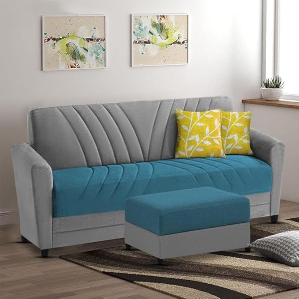 Ripple FURNITURE Elegance Essence 3 Seater Sofa Set with Ottoman (Turquise Grey)