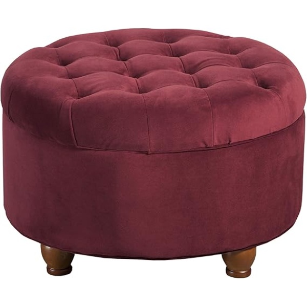 Ripple FURNITURE Home Decor |N8264-B119 | Large Button Tufted Velvet Round Storage Ottoman | Ottoman with Storage for Living Room & Bedroom, Berry