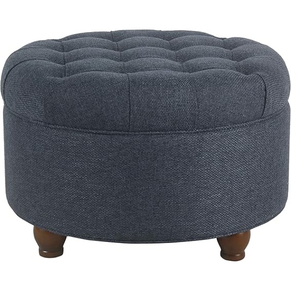 Ripple FURNITURE Homepop Home Decor | Large Button Tufted Faux Leather Round Storage Ottoman | Ottoman with Storage for Living Room & Bedroom (Blue)
