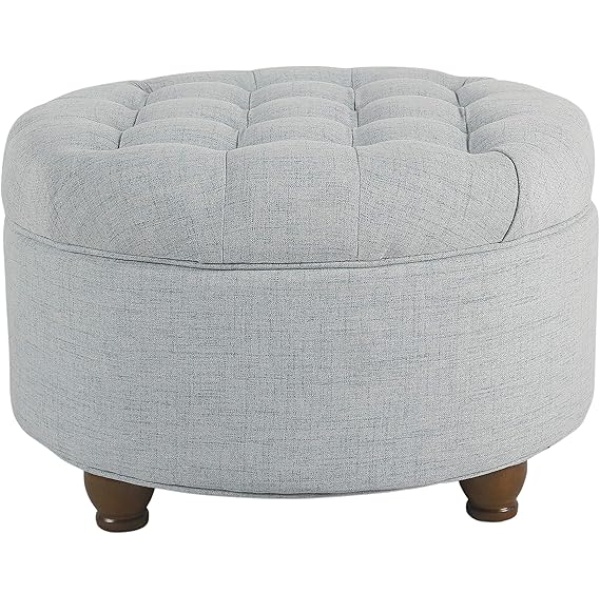 Ripple FURNITURE  Decor | Large Button Tufted Woven Round Storage Ottoman | Ottoman with Storage for Living Room & Bedroom (Light Blue)