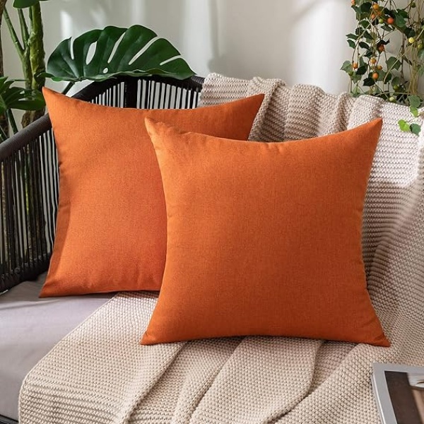 Ripple FURNITURE 2 Decorative Outdoor Solid Waterproof Throw Pillow Covers Cotton Linen Garden Farmhouse Cushion Cases for Patio Tent Balcony Couch Sofa 18x18 inch Orange
