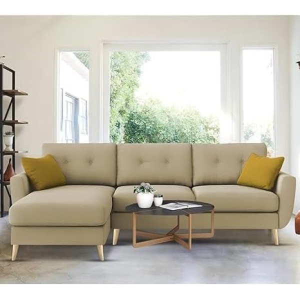 Ripple FURNITURE "Royal Azure Elegance 4 Seater L-Shaped Living Room Sofa in Plush Velvet Fabric" (LHS, Cream Fabric)