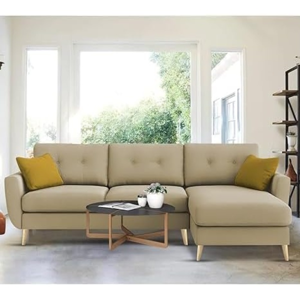 Ripple FURNITURE "Royal Azure Elegance 4 Seater L-Shaped Living Room Sofa in Plush Velvet Fabric" (RHS, Cream Fabric)