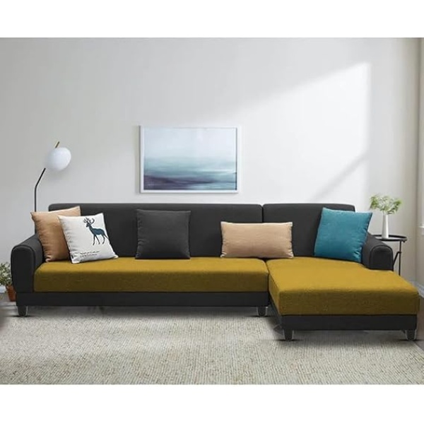 Ripple FURNITURE 6 Seater RHS L Shape Sofa For Living Room (Yellow Black Fabric)