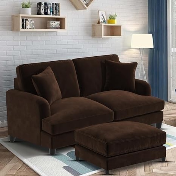 Ripple FURNITURE Sedona 2 Seater Velvet Sofa Set with Ottoman (Brown)