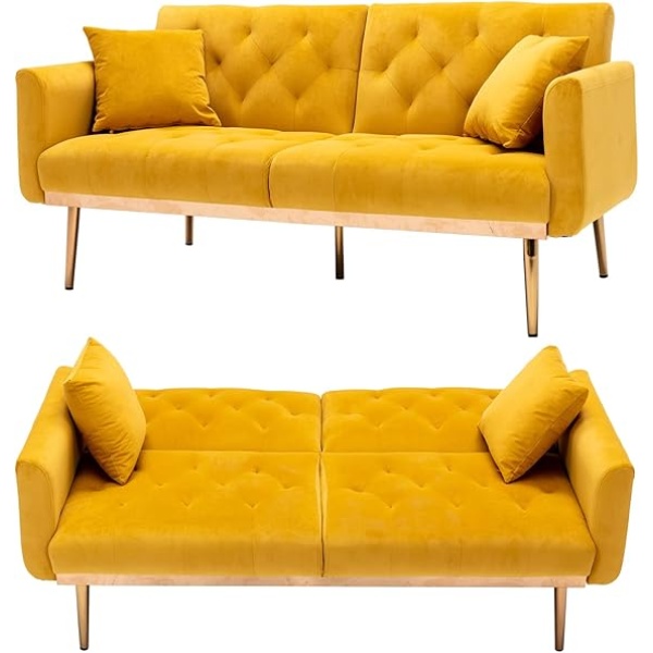 Ripple FURNITURE Velvet Sofa Convertible Sleeper Sofa,Modern Tufted Sofa Bed with 2 Throw Pillow & Gold Plating Base 5 Leg, Adjustable Folding Accent Sofa Couch for Living Room (Mango)